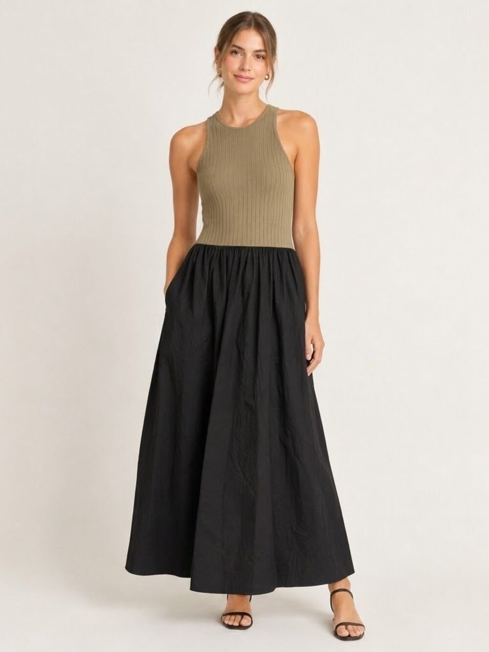 Banana Republic Sleeveless Halter Knit Mix Media Maxi Dress NWT Khaki Black XS